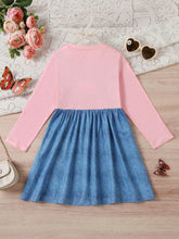 1pc Girls Casual Cat Graphic Denim-Like Patchwork Dress, Autumn
